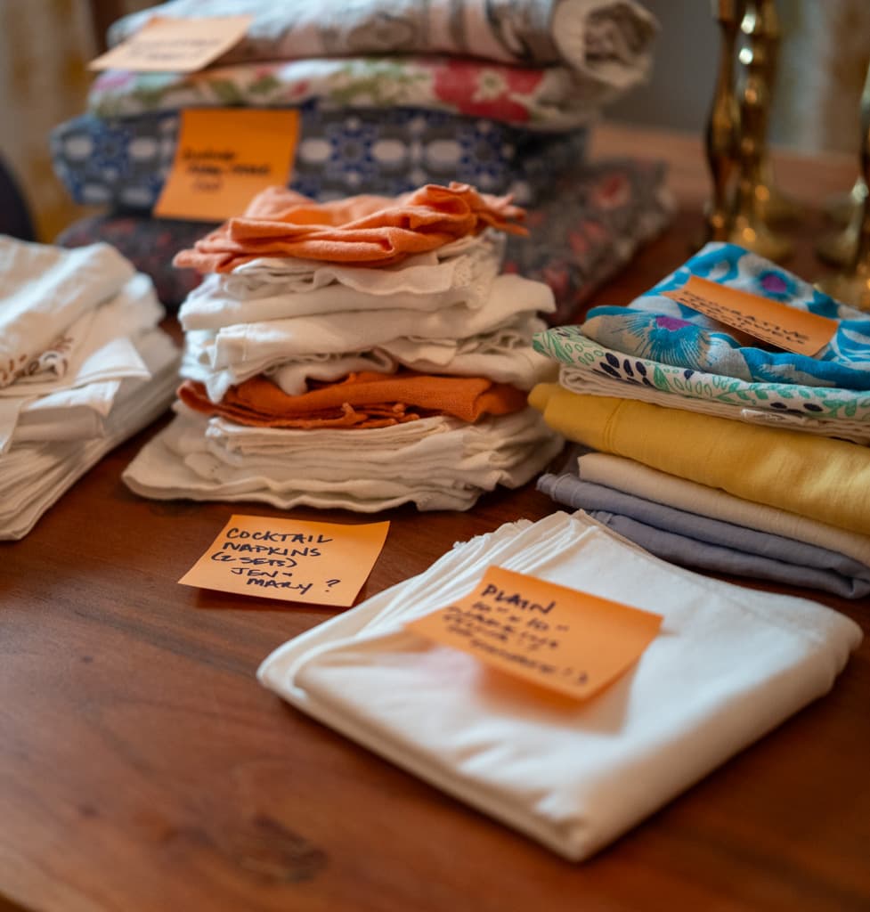 Folded table linens sorted into stacks, each labelled with a handwritten note.